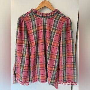 Etcetera Colorful Plaid and Pearl Appliqué Long Sleeve Blouse